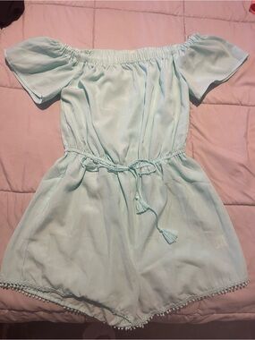 BeBop Mint Off-Shoulder Romper with Braided Waist Tie